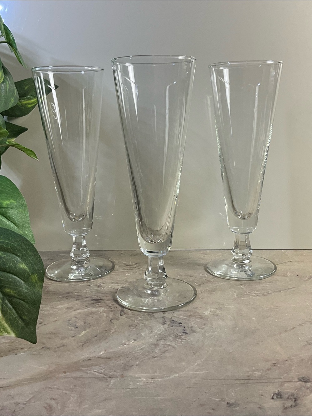 Three MCM Mid Century Tall Footed Champagne Pilsner Crystal Clear Glass
